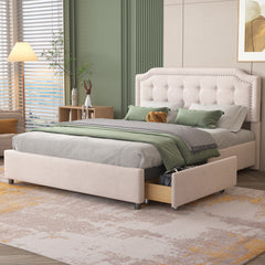 Queen Bed Upholstered Platform with Classic Headboard and 4 Drawers - Beige