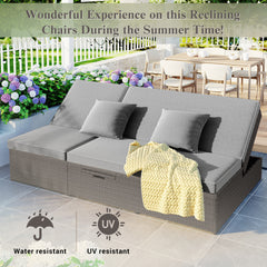 Outdoor Double Sun bed, Wicker Rattan Patio Reclining Chairs with Adjustable Backrest and Seat, Conversational Set for 2 Person - Gray