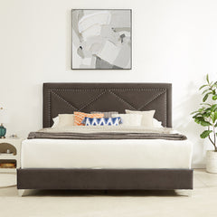 King Bed - Beautiful brass studs adorn the headboard, strong wooden slats + metal legs with Electroplate