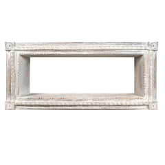 37 Inch Mango Wood Floating Wall Shelf Unit, Rectangular, Carvings, Distressed White