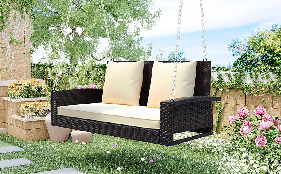 2-Person Wicker Hanging Porch Swing with Chains, Cushion, Pillow, Rattan Swing Bench for Garden, Backyard, Pond (Brown Wicker, Beige Cushion)