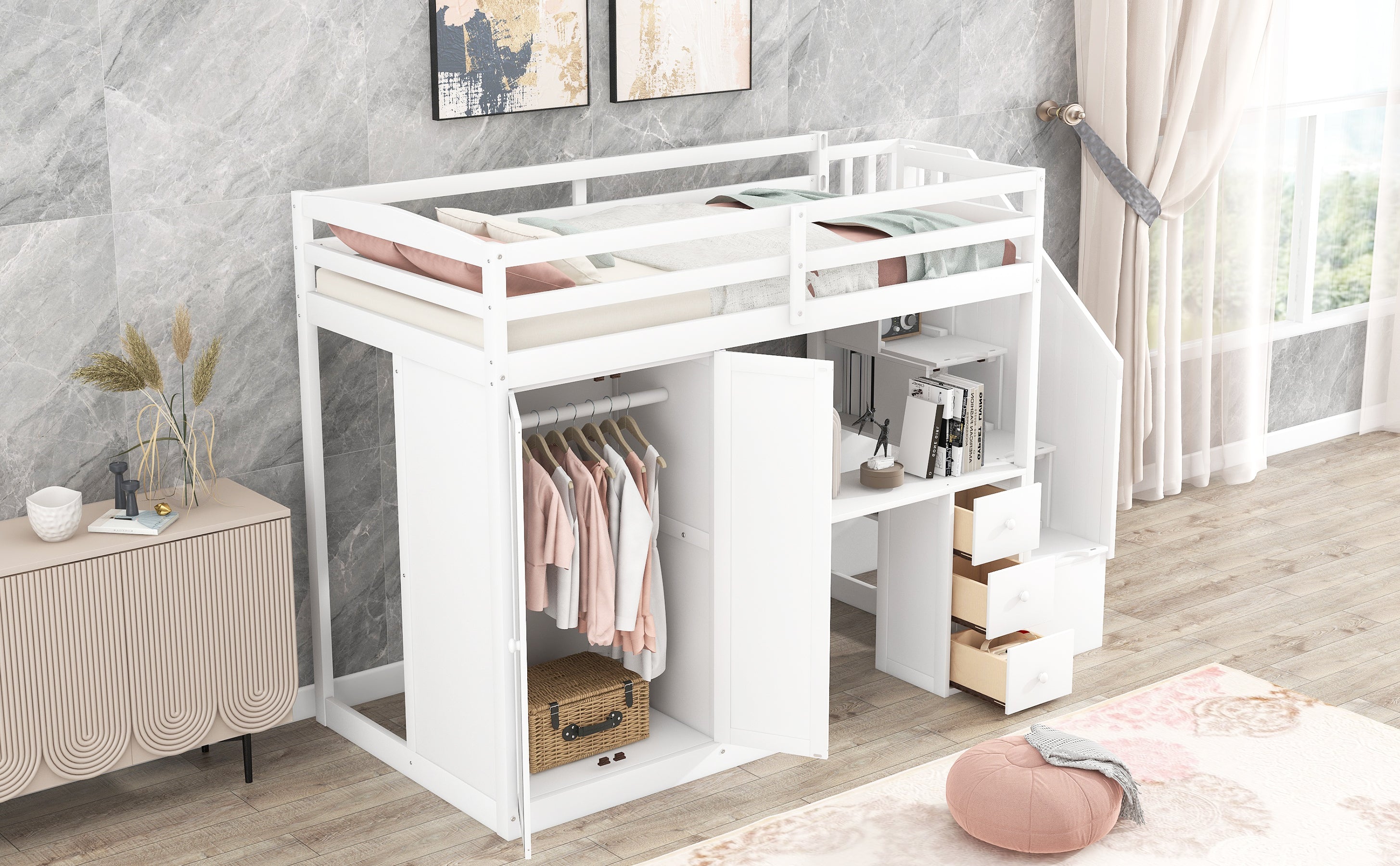 Twin Size Loft Bed with Wardrobe and Staircase - White