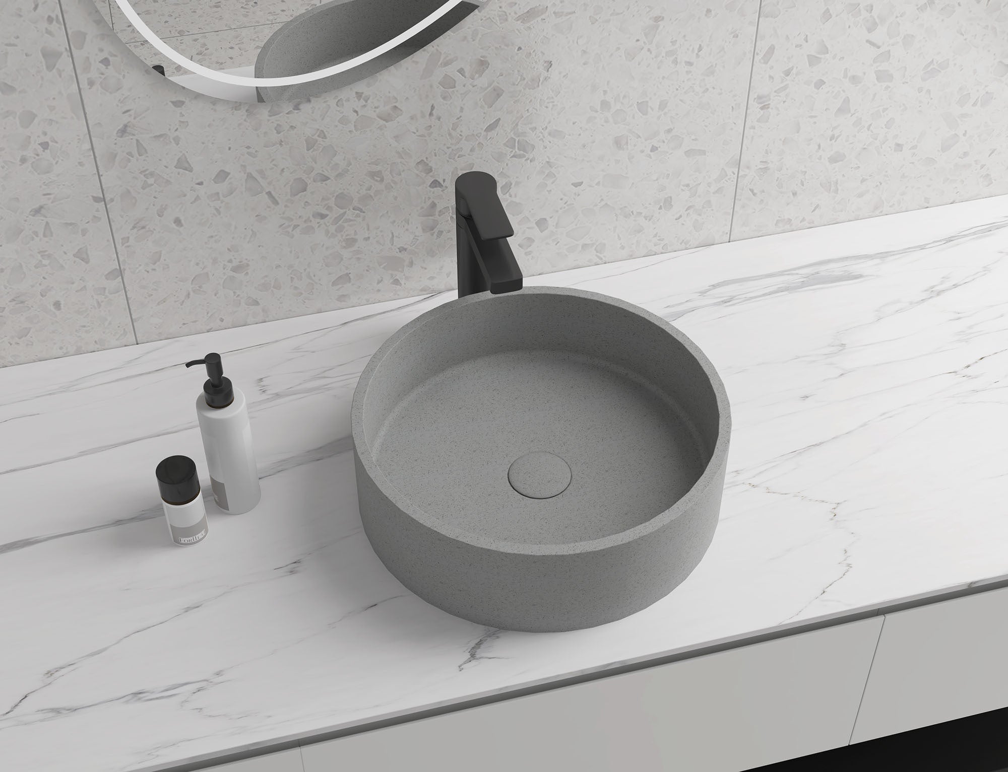 Round Concrete Vessel Bathroom Sink without Faucet and Drain - Cement Grey