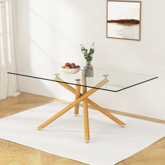 Modern Minimalist Rectangular Glass Dining Table for 6-8 with 0.39" Tempered Glass Tabletop and Wood color Metal Legs