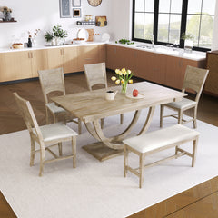 Modern Style 6-Piece Wood Half Round Dining Table Set with Long Bench and 4 Dining Chairs - Natural