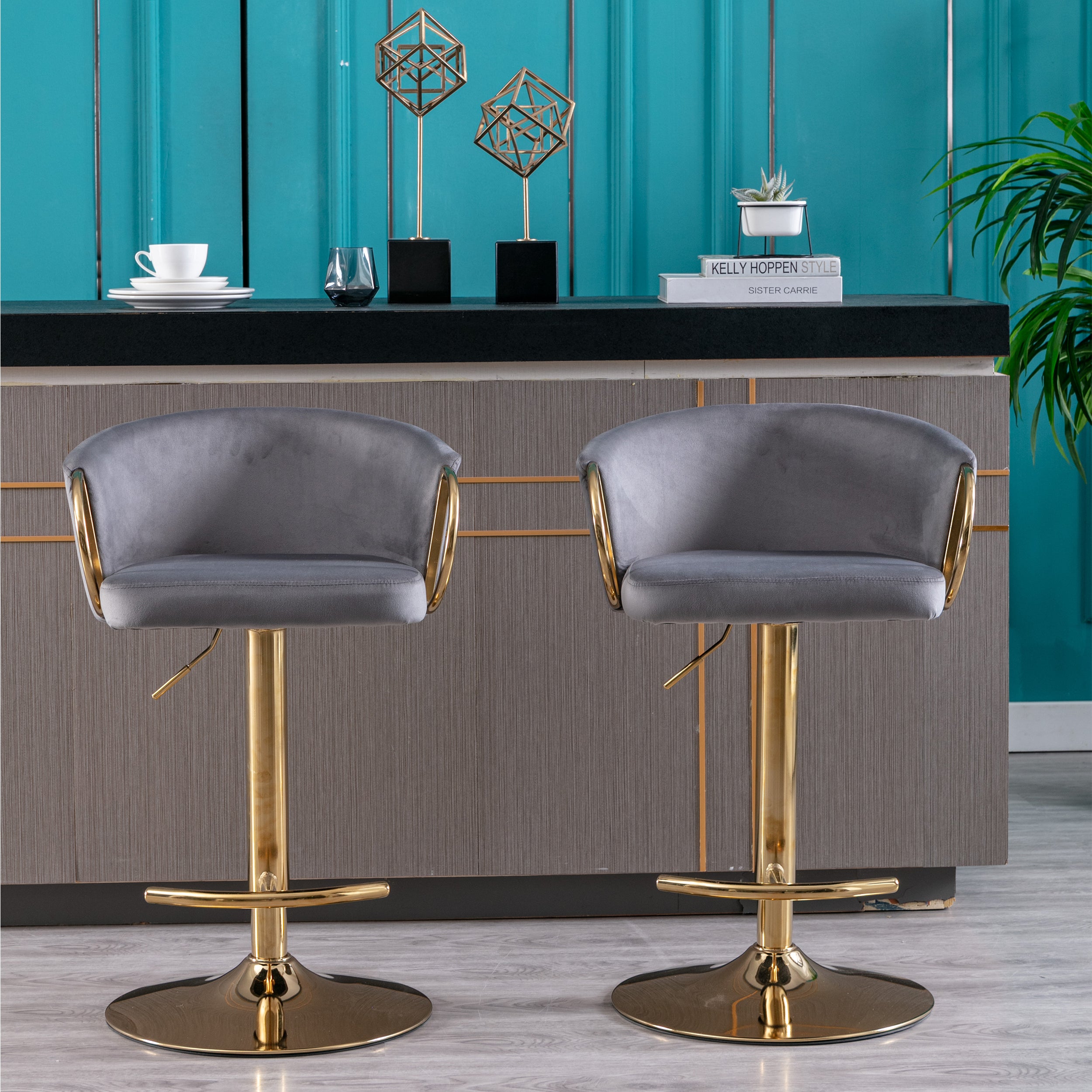 Bar Stools with Chrome Footrest and Base Swivel Height Adjustable Golden - Grey