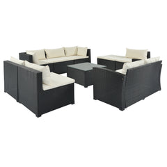 9-piece Outdoor Patio Large Wicker Sofa Set, Rattan Sofa set - Black wicker + Beige Cushion