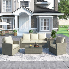 5 Piece Rattan Sectional Seating Group with Cushions and table, Patio Furniture Sets, Outdoor Wicker Sectional - Beige