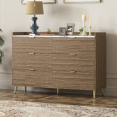 55" Long 6 Drawer Dresser with Marbling Worktop, Mordern Storage Cabinet with Metal Leg and Handle - Walnut