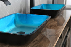 18.125" L -13.0" W -12.0" H Handmade Countertop Glass Rectangular Vessel Bathroom Sink Set - Turquoise Finish with Matte Black Single-Handle Single Hole Faucet and Pop Up Drain