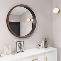 Circle Mirror with Wood Frame for Bathroom Living Room Bedroom Entryway, Walnut Brown, 24"