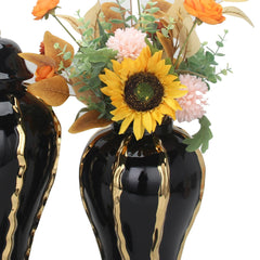 15" Elegant Black Ceramic Ginger Jar Vase with Gold Accents and Removable Lid