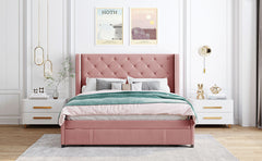 Queen Size Storage Bed Velvet Upholstered Platform Bed with Wingback Headboard and a Big Drawer - Pink