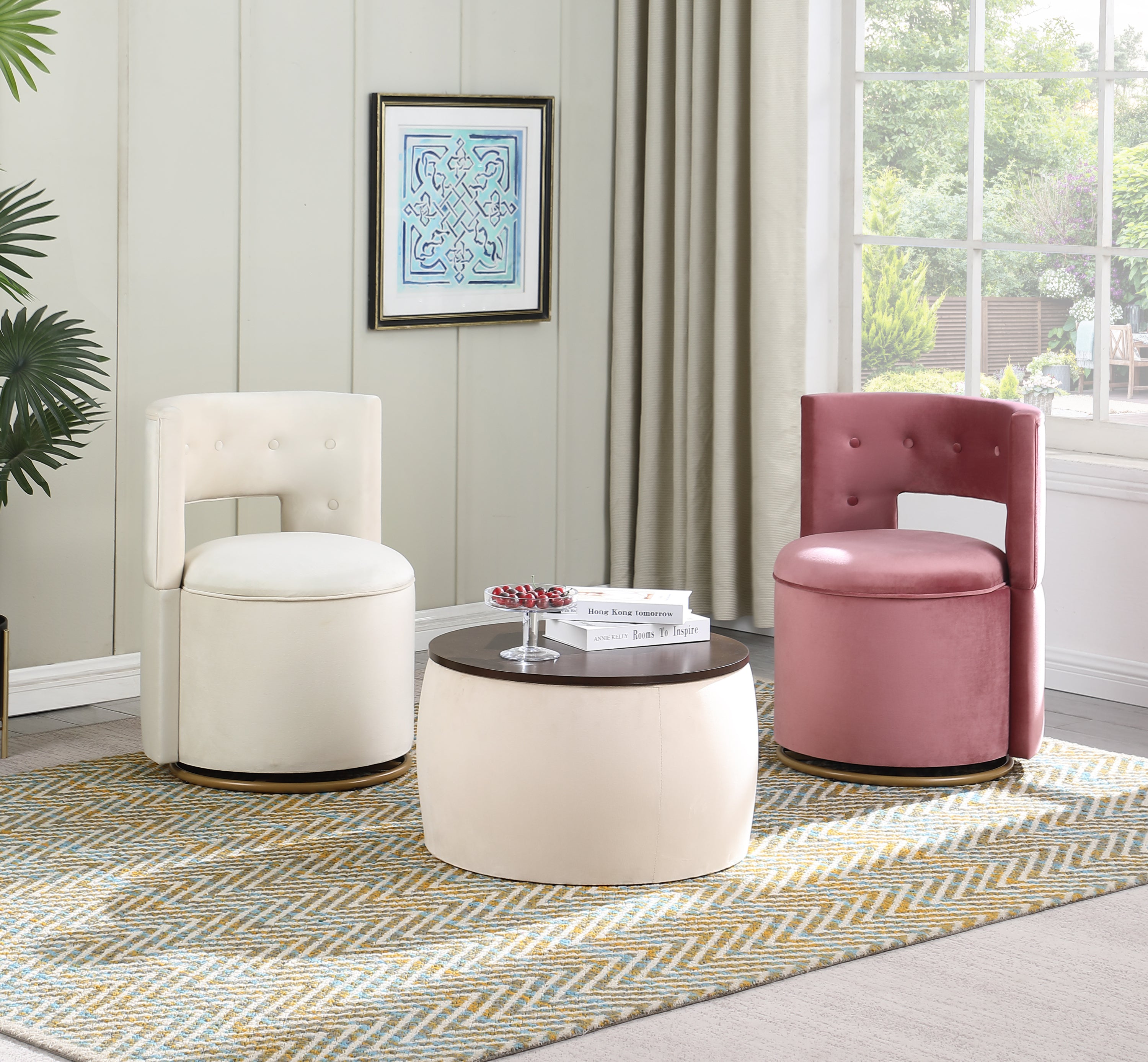 Round Ottoman Set with Storage, 2 in 1 combination, Round Coffee Table