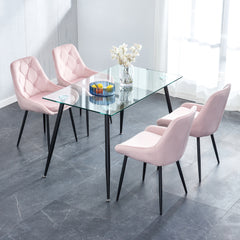 Modern Metal Legs Glass Table Set with 4 pcs Pink Velvet Fabric Dining Chairs