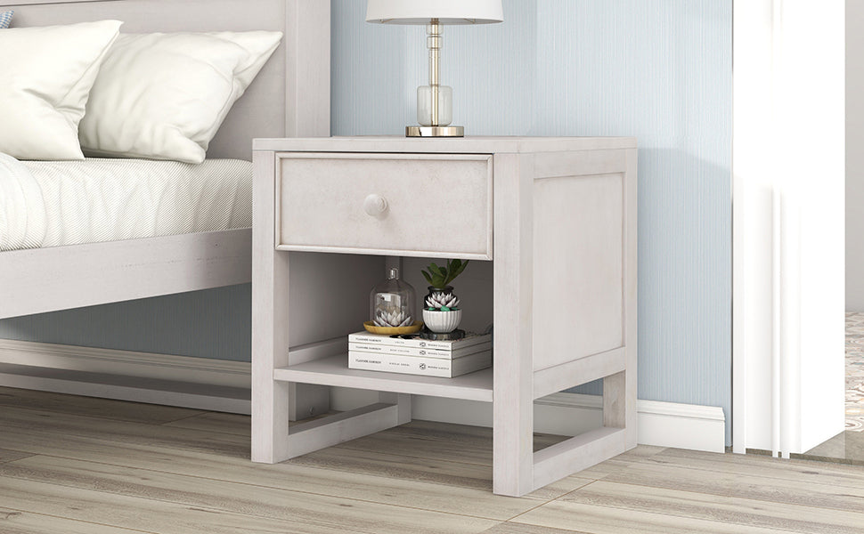 Wooden Nightstand with a Drawer and an Open Storage - Antique White
