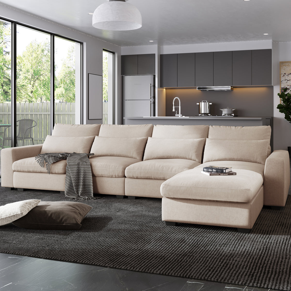 Modern Large L-Shape Feather Filled Sectional Sofa,  Convertible Sofa Couch with Reversible Chaise - Beige