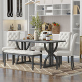 6-Piece Retro Rectangular Dining Table Set, Table with Unique Legs and 4 Upholstered Chairs & 1 Bench - Grey Wash