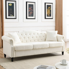 79" Chesterfield 3 Seater Sofa Tufted Couch with Rolled Arms and Nailhead, two pillows - Teddy White