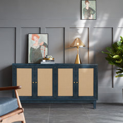 Softly Lacquer Finishes Accent Storage Cabinet Sideboard Wooden Cabinet with Antique Deep Blue 4Doors