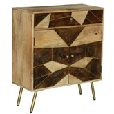 36 Inch Mango Wood Nightstand Side Table Cabinet, 2 Doors, Geometric Inlaid Design - Brown, Gold