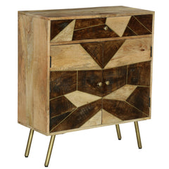 36 Inch Mango Wood Nightstand Side Table Cabinet, 2 Doors, Geometric Inlaid Design - Brown, Gold