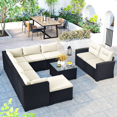 9-piece Outdoor Patio Large Wicker Sofa Set, Rattan Sofa set - Black wicker + Beige Cushion