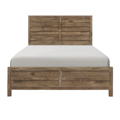 Queen Bed Modern Line Pattern Rusticated Style - Weathered Pine Finish