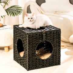 Rattan Cat Litter,Cat Bed with Rattan Ball and Cushion - Black