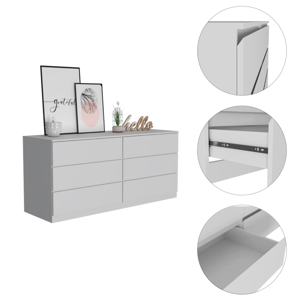 Asteria 6 Drawer Double Dresser, Metal Handles - White
