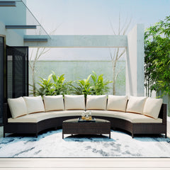 5 Pieces All-Weather Brown Rattan Sofa Set Outdoor Patio with Tempered Glass Table - Beige