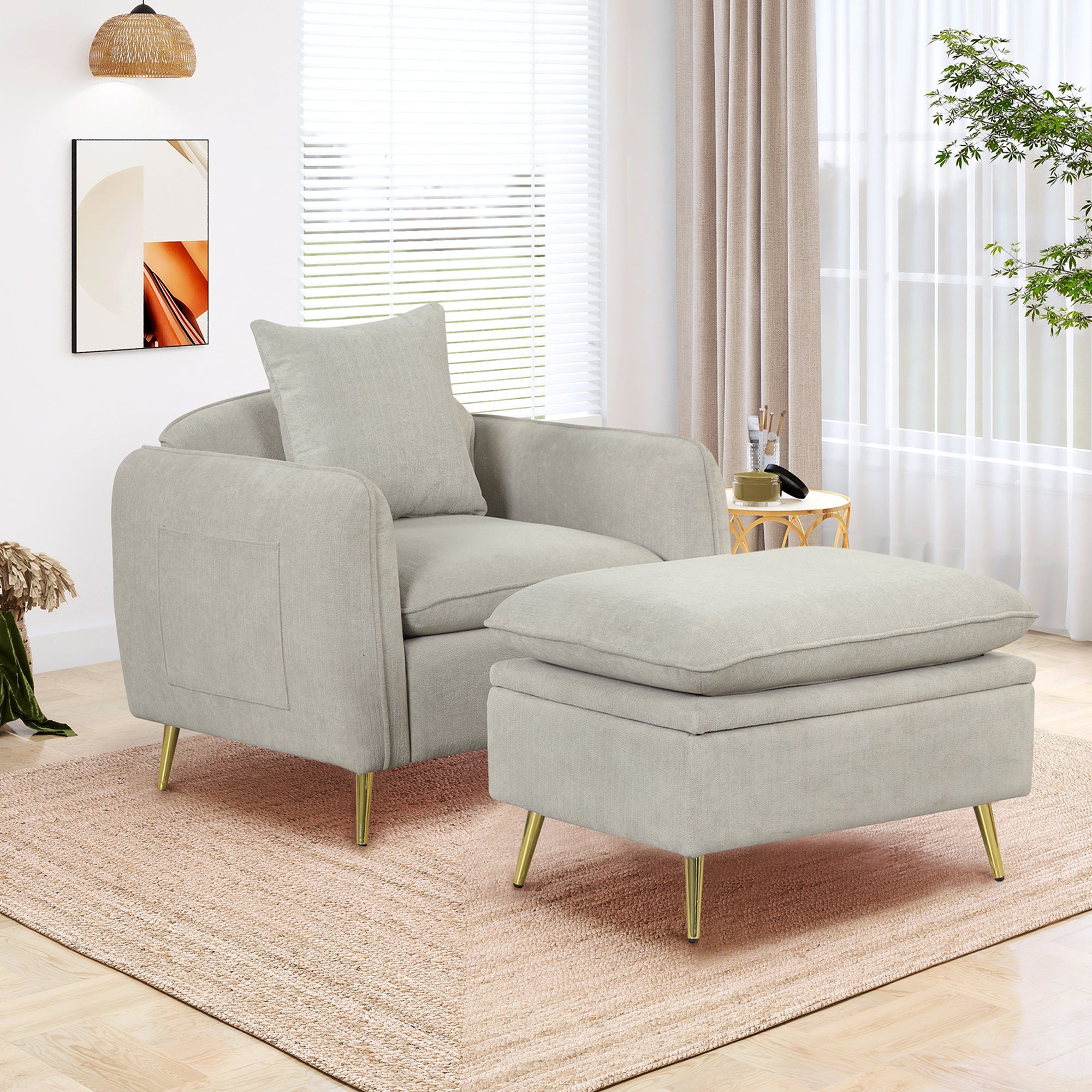 MAICOSY Accent Armchair Chair Ottoman Footrest Pouf with Cushion Pillow Set Gray