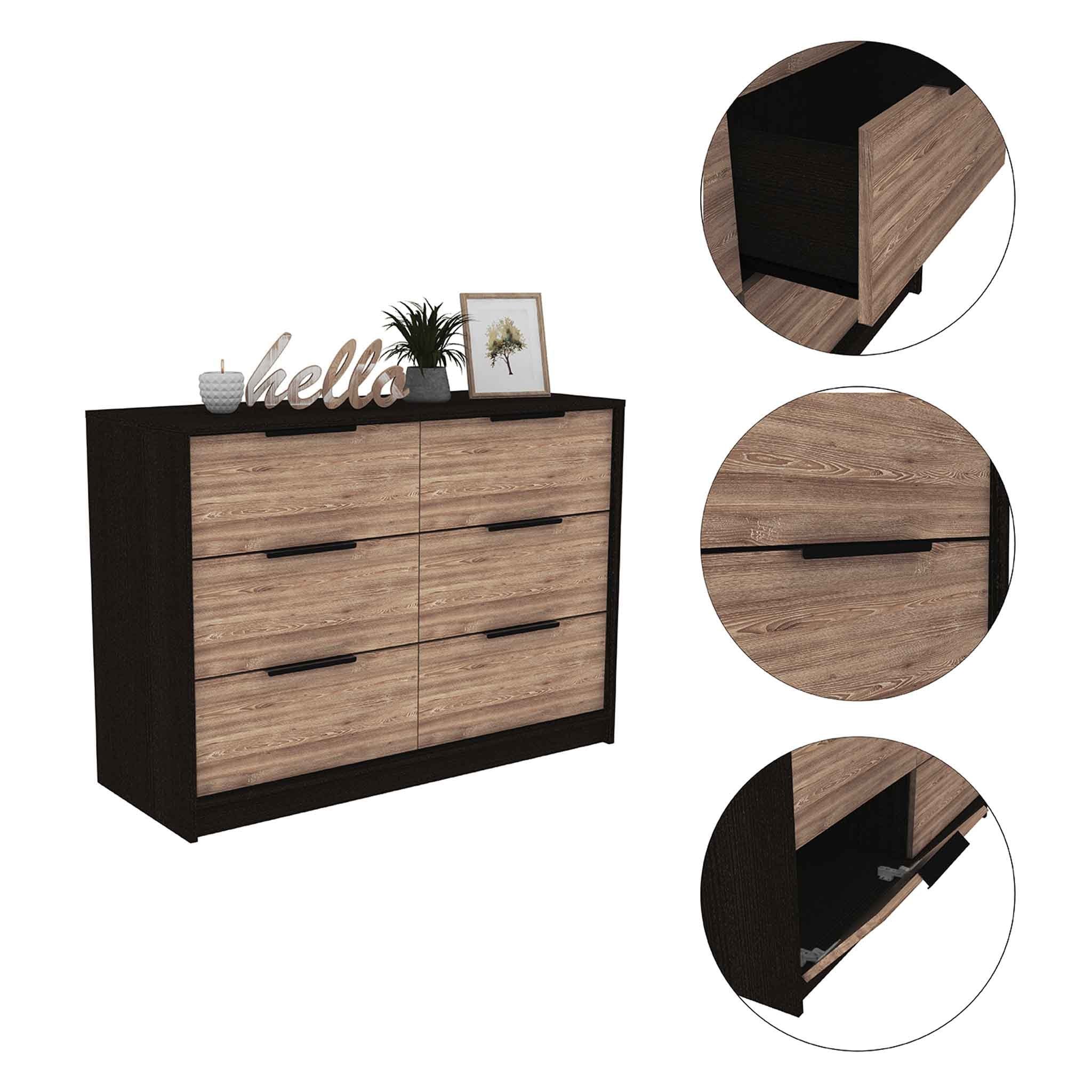 6-Drawer Rectangle Dresser - Black Wengue and Pine