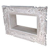 23 Inch Mango Wood Floating Wall Shelf Unit, Floating, Ornate Scroll Carvings, Distressed Gray