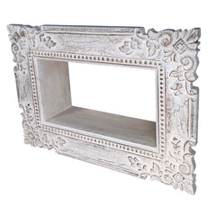 23 Inch Mango Wood Floating Wall Shelf Unit, Floating, Ornate Scroll Carvings, Distressed Gray