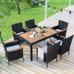 7-Piece Outdoor Patio Dining Set, Stackable Armrest Chairs with Cushions - Brown