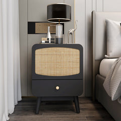 ILO Black Nightstand with Storage Drawer/ Rattan Door