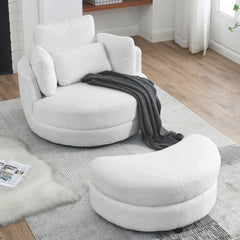 39"W Oversized Swivel Chair with Moon Storage Ottoman, 4 Pillows - Teddy Fabric White