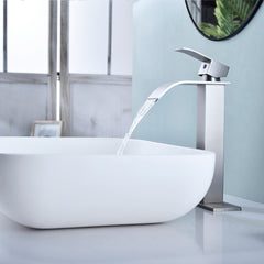 Waterfall Spout Bathroom Faucet, Single Handle Bathroom Vanity Sink Faucet - Brushed Nickel