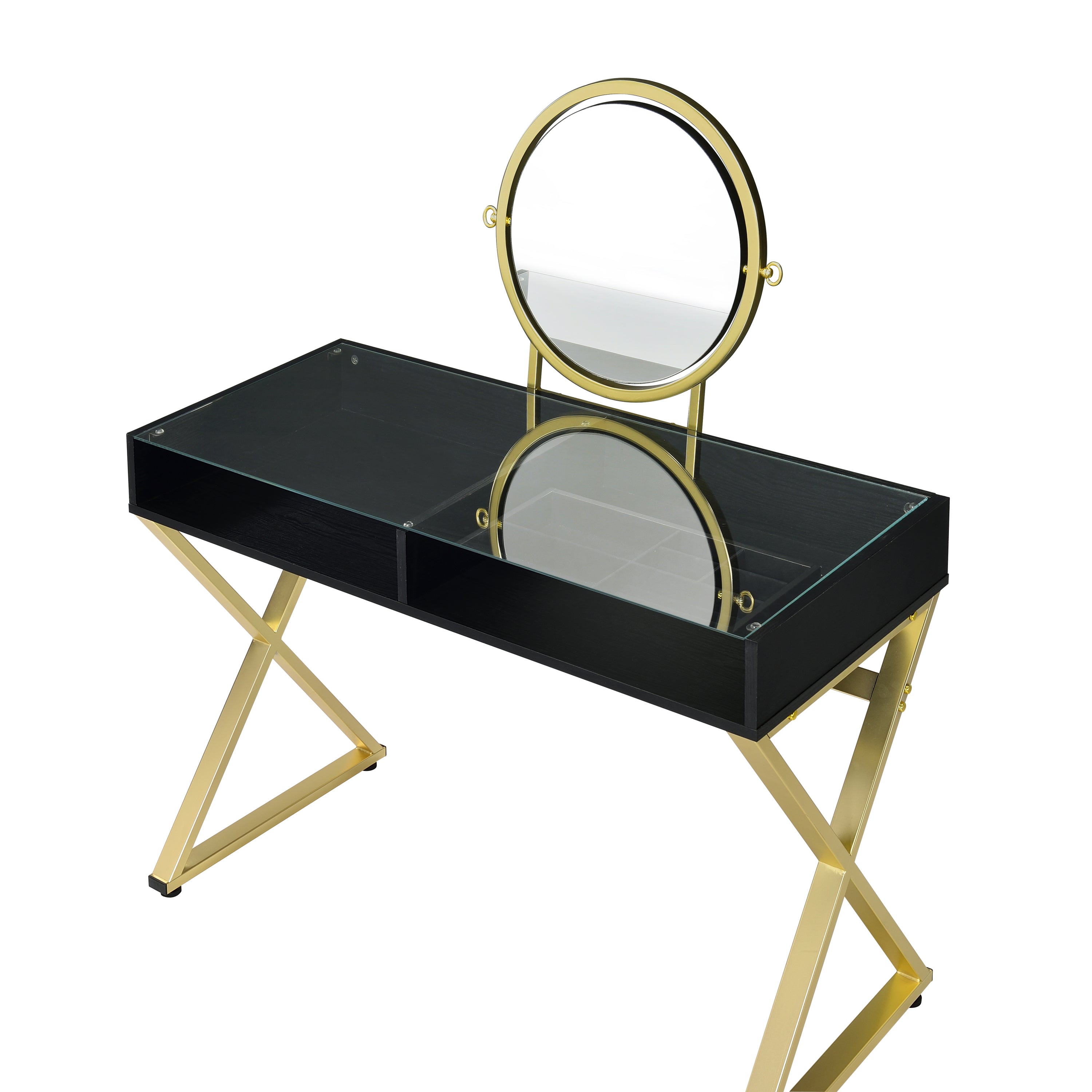 Vanity Desk w/Mirror & Jewelry Tray -  Black & Gold Finish