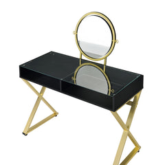 Vanity Desk w/Mirror & Jewelry Tray - Black & Gold Finish