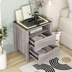 Multifunctional Storage Nightstand with 2 Drawers and an open shelf, Wireless Charging with adjustable LED - Brown