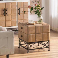 Small Grid Splicing Design Retro Square Coffee Table with 2 Drawers - Natural