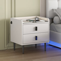 Nightstand with Wireless Charging Station,USB Charging and Adjustable LED Lights, Modern End Table with 2 Drawers - White