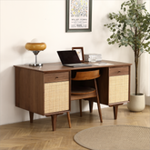 Black Walnut Desk with Natural Rattan Net with Storage