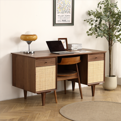 Black Walnut Desk with Natural Rattan Net with Storage