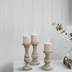 Turned Design Wooden Candle Holder with Distressed Details (Set of 3) - White