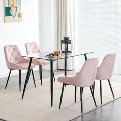Modern Metal Legs Glass Table Set with 4 pcs Pink Velvet Fabric Dining Chairs