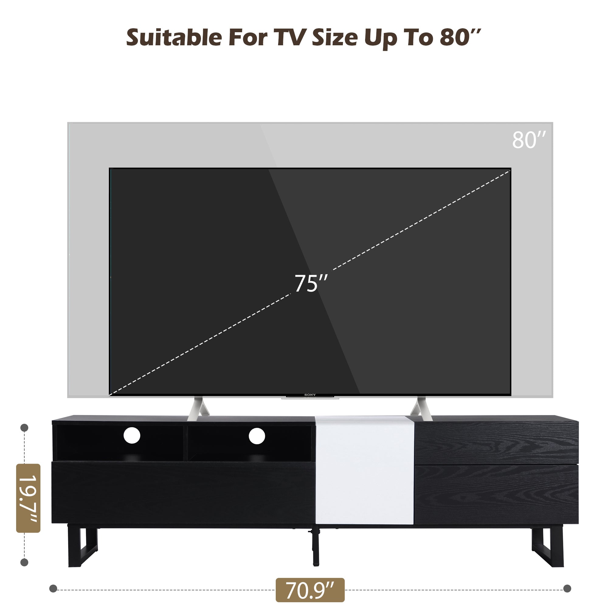 Modern TV Stand for 80'' TV with Double Storage Space, Media Console Table - Black