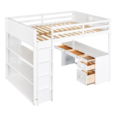 Full Size Loft Bed with Ladder, Shelves and Desk - White